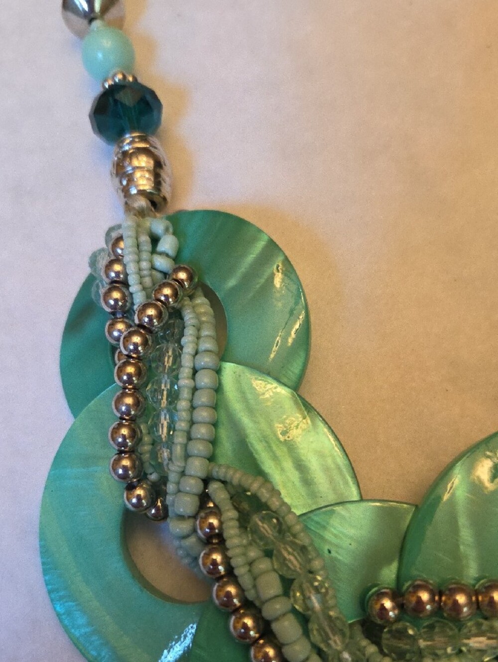 Fashion Jewelry Mint Green Layered Disc Necklace with Silver Beads - Picture 2 of 4